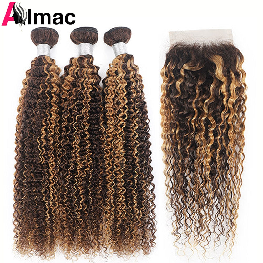 P4/27 Honey Blonde And Brown Jerry Curly Human Hair Bundles With 4x4 Lace Closure Peruvian Remy Hair Extention 220g/Set 10-24In