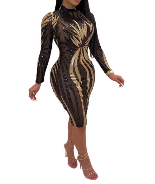 Sexy Sequins Long Sleeve Sheer Mesh See Through Bodycon Midi Dress