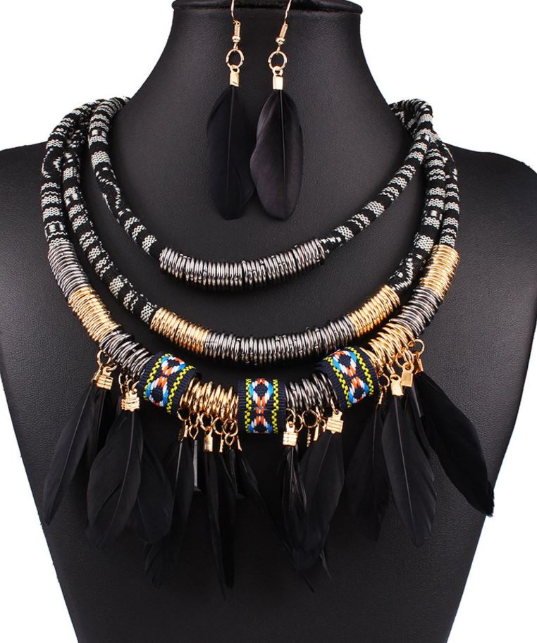 Feather Beaded Status Necklace & Drop Earrings