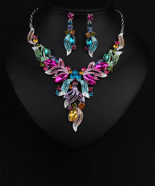 Colorful Goldtone Crystal Statement Necklace & Drop Earrings