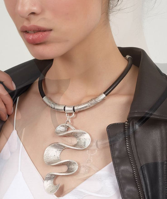 Leather & Silvertone Coil Pendant Necklace