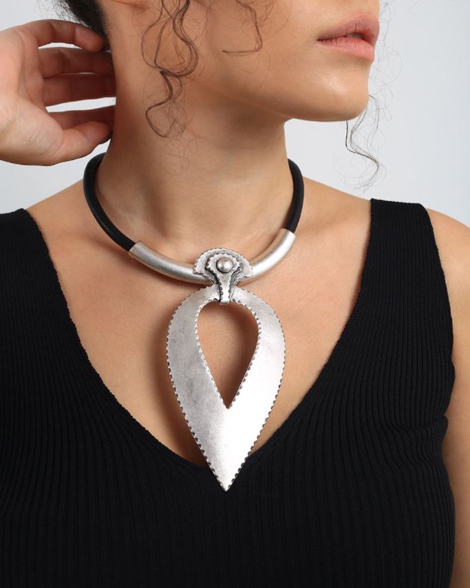 Silvertone Leather Cutout Pendant Status Necklace