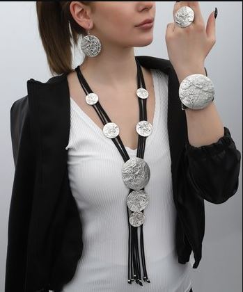 Leather & Silver-Plated Status Hammered Necklace & Drop Earrings