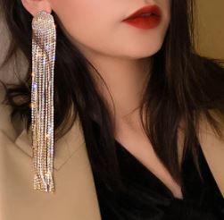 Long Tassel Rhinestone  Oversize Crystal Dangle Earrings