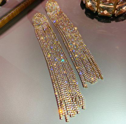 Long Tassel Rhinestone  Oversize Crystal Dangle Earrings