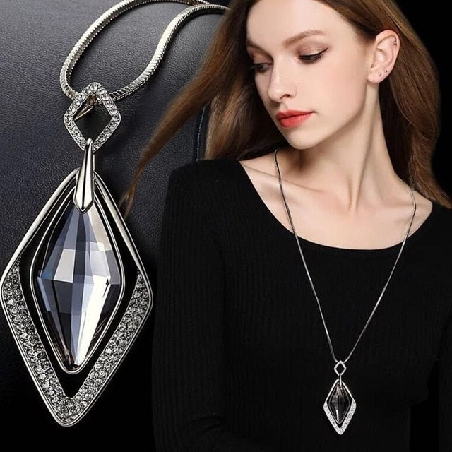 BYSPT Gold Silver Color Rhinestone Long Necklace Vintage Punk Triangle Square Oval Crystal Glass Pendant Necklaces Women Jewelry