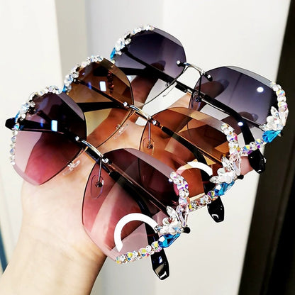Rimless Brand Designer Sunglasses Women 2020 Vintage Luxury Rhinestone Sun Glasses Gradient Lens Eyeglasses Shades for Female