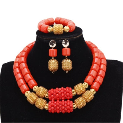 Dudo Store African Jewelry Set New Designs 3 Layers Artificial Coral Beads Jewellery Set 2019 With Gold Beaded Balls 3 Pieces
