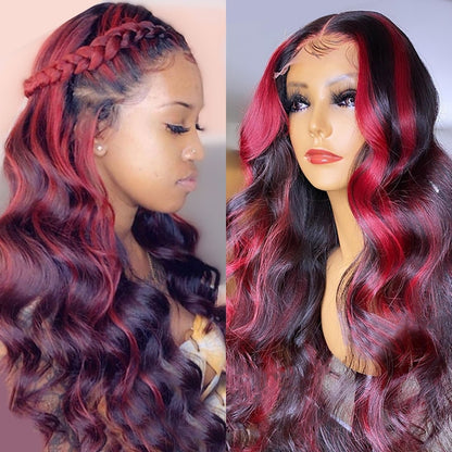 Highlight Red Lace Front Human Hair Wigs Wavy Ombre Burgundy Color Human Hair T Part Lace Wig with Baby Hair Brazilian Remy 180%