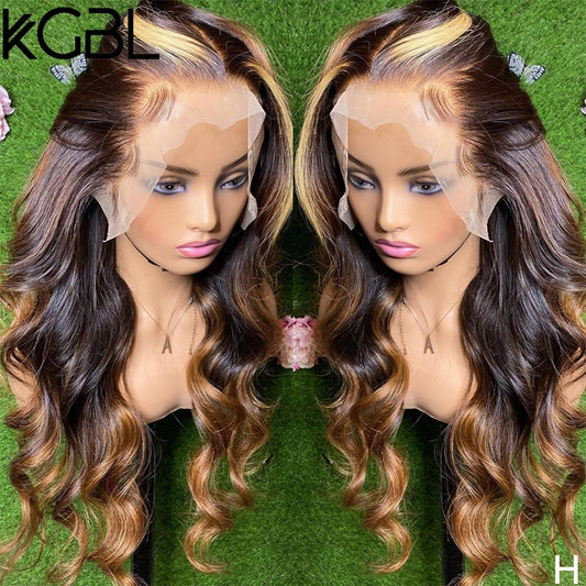 KGBL Highlight Color 13x4 Lace Front Human Hair Wigs Wavy 8-24&#39;&#39; Pre-Plucked Non-Remy For Women 180% Density Brazilian Medium