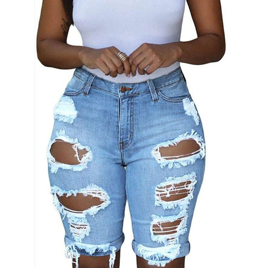 Women Ripped Denim Destroyed Mid Rise Stretchy Bermuda Jeans