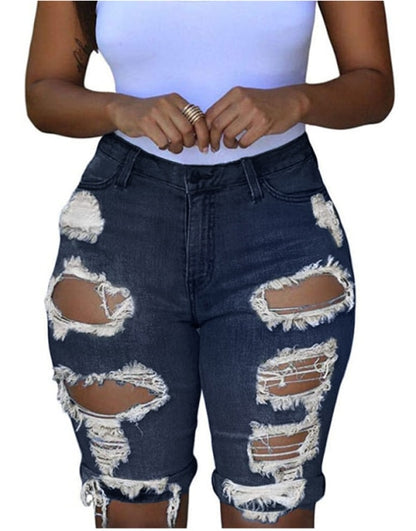 Women Ripped Denim Destroyed Mid Rise Stretchy Bermuda Jeans