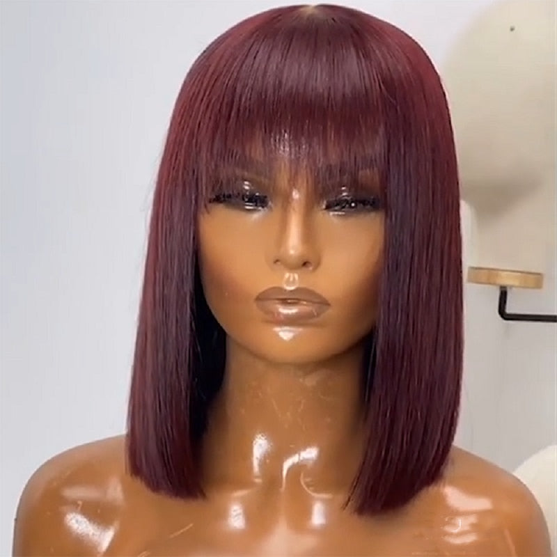 Burgundy Red Short Human Hair Wig with Fringe for Women Straight Remy Hair Bob Wigs With Bangs Dark Brown Balayage Color