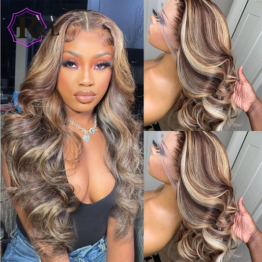 RULINDA 13X4 Lace Front Human Hair Wigs With Baby Hair Highlight Ombre Color Body Wave 180% Density Brazilian Remy Hair Lace Wig