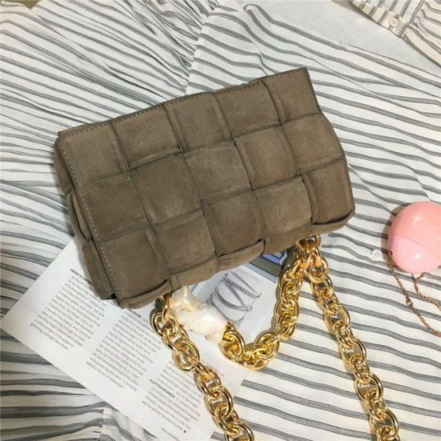Frosted Suede Shoulder Bag for Women Thick Metal Chain Luxury Handbags Designer Cluth Purse Woven Square Messenger Crossbody Bag