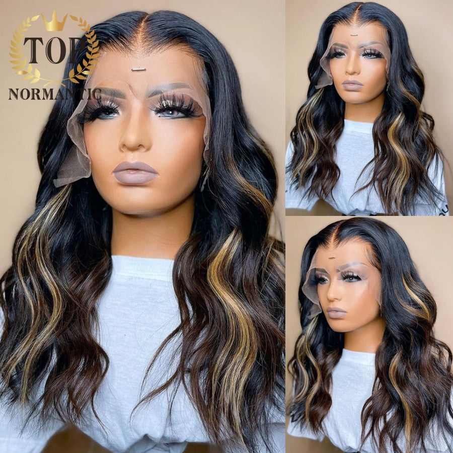 Topnormantic Brazilian Remy Human Hair Lace Front Wigs For Women Highlight Color Body Wave Wig With Pre Plucked Hairline