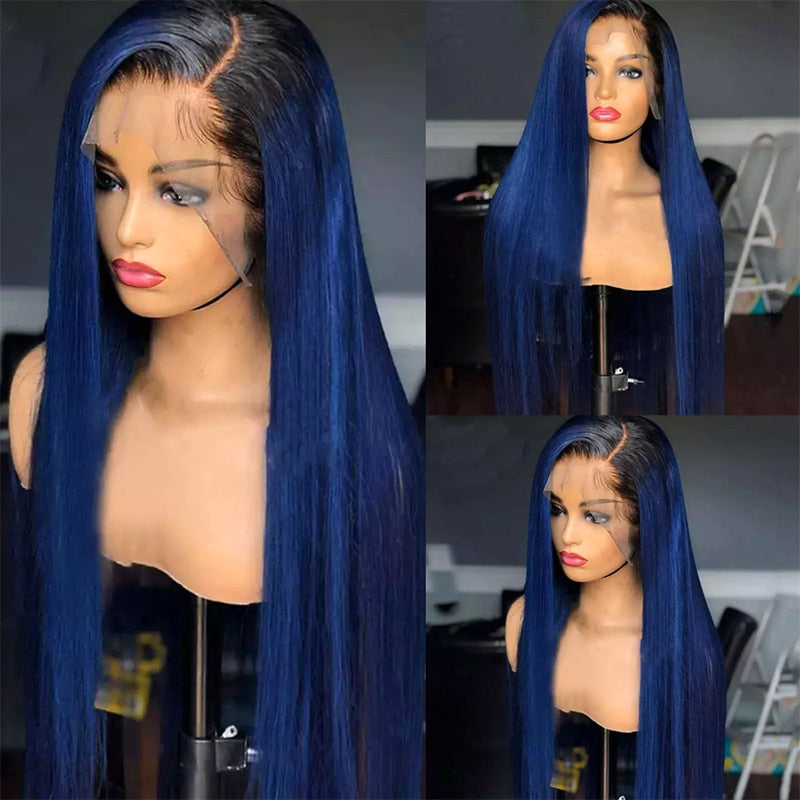 Dark Blue Lace Front Human Hair Wigs Ombre Color Lace Front Wig Straight Brazilian Lace Closure Wig For Women 180% Lace Wig KL