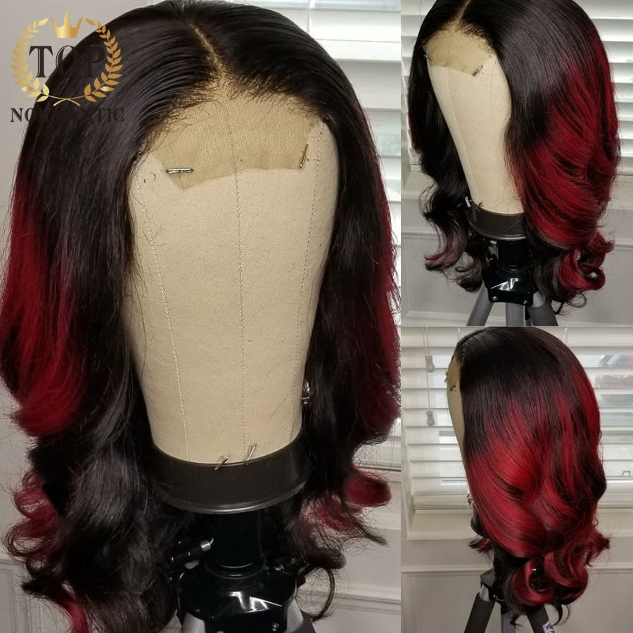 Topnormantic Ombre Red Color 13x4 Lace Front Wig With Baby Hair Remy Brazilian Human Hair Body Wave Wigs For Women