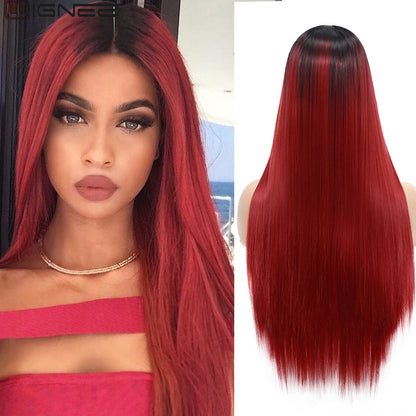 Long Straight Wig 30 Inch Black Wig Middle Part Lace Wigs With HighLights Synthetic Hair Wigs