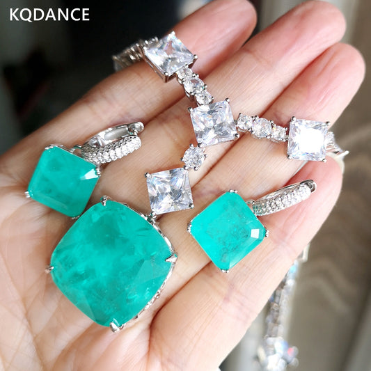 KQDANCE emerald cut Lab Paraiba tourmaline Pariba moissanite Diamond Copper Necklace/925 silver earrings /Jewelry Set 2021 trend