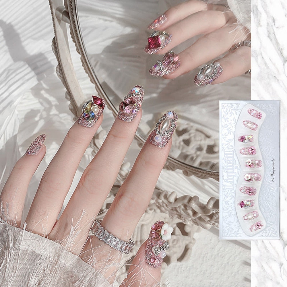 Designs acrylic for nail Imitation Pearl Lace Bowknot press on nails Charming Pre Design fake nails with glue