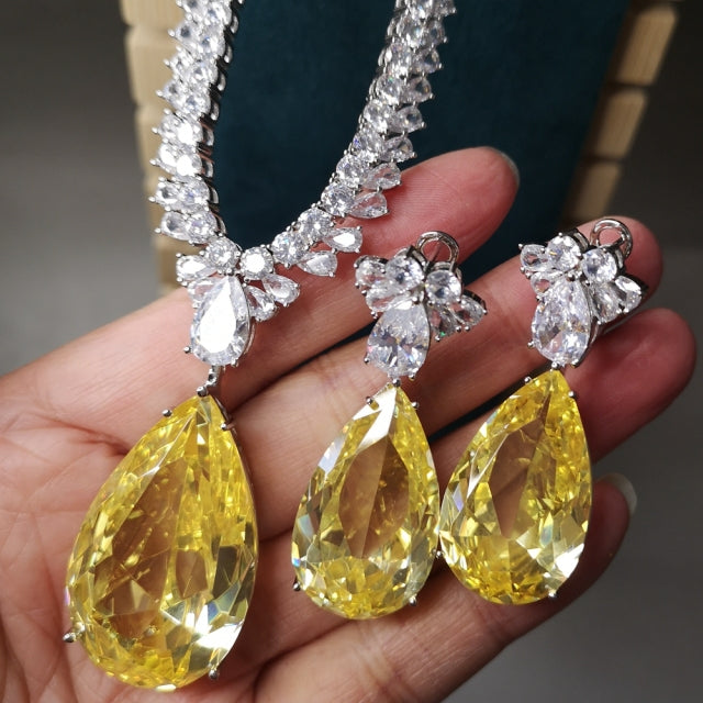 Citrine Moissanite Diamond Tennis Chain Necklaces & Earrings Jewelry Sets with Big Yellow Stone