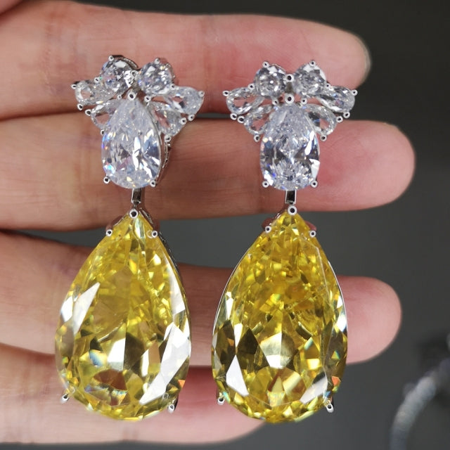 Citrine Moissanite Diamond Tennis Chain Necklaces & Earrings Jewelry Sets with Big Yellow Stone