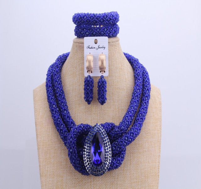 Chunky Women Royal Blue African Beads Bridal Jewelry Sets For Wedding Nigerian Beads Necklace Earrings Bracelet Set Of Jewelry
